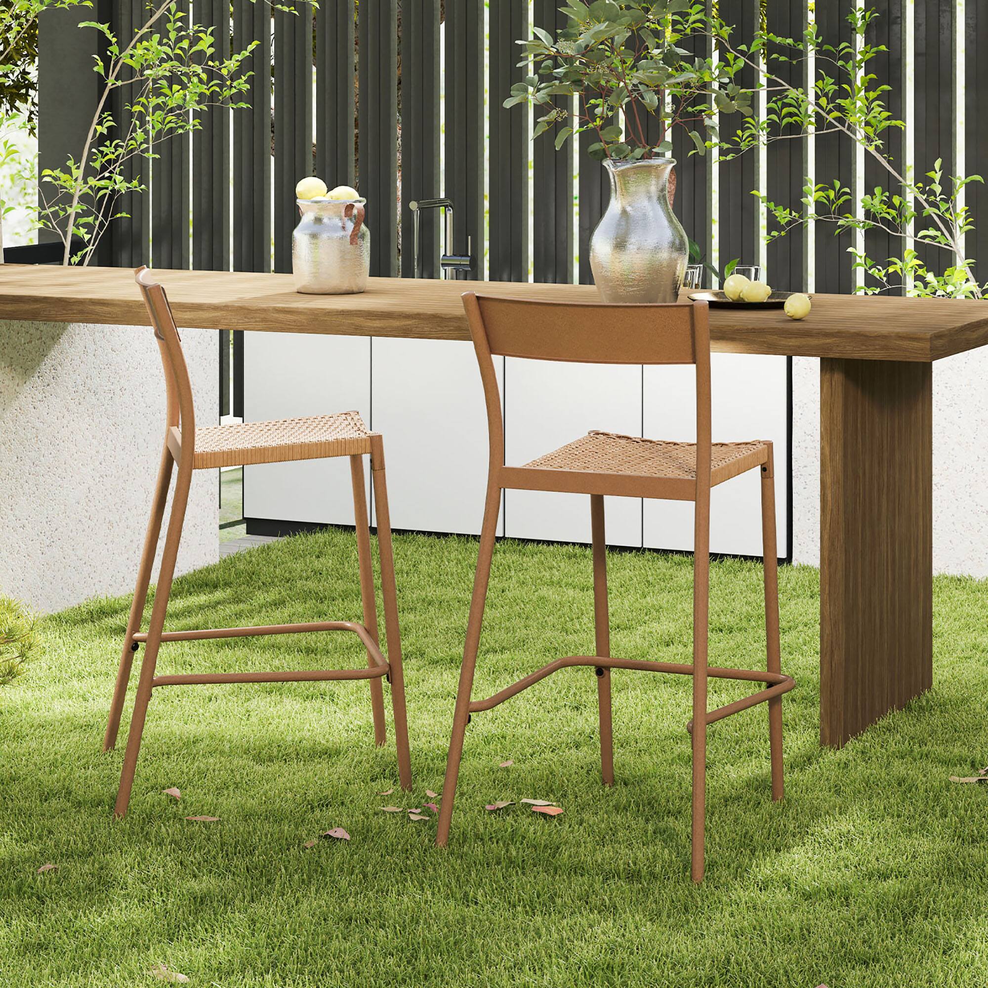 Alt View 4. Gymax - Gymax 4PCS Patio Barstools Outdoor Bar Height Chairs w/ Rattan Seat & Metal Backrest - Light Brown.