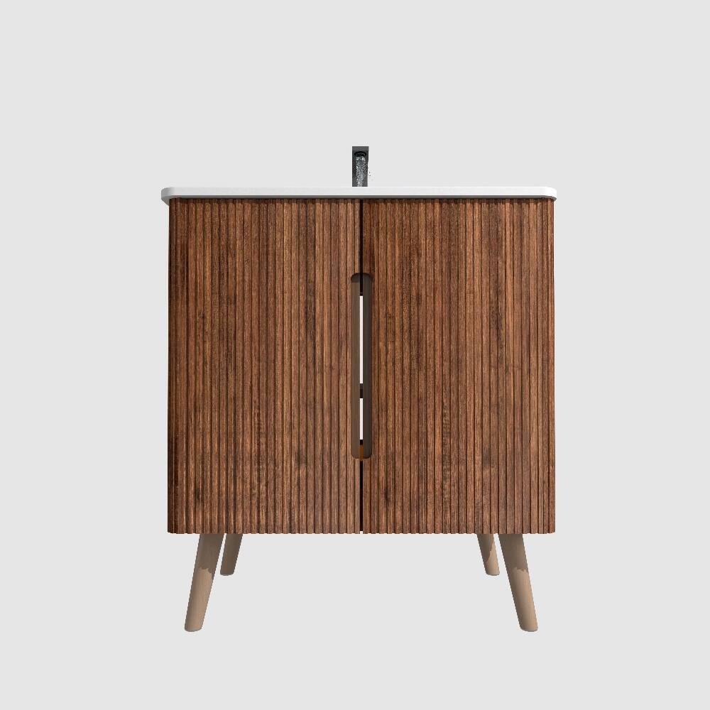 Alt View 2. Loheer - Loheer 30 inch freestanding bathroom vanity Striped Walnut with Ceramic Sink - White, Walnut.