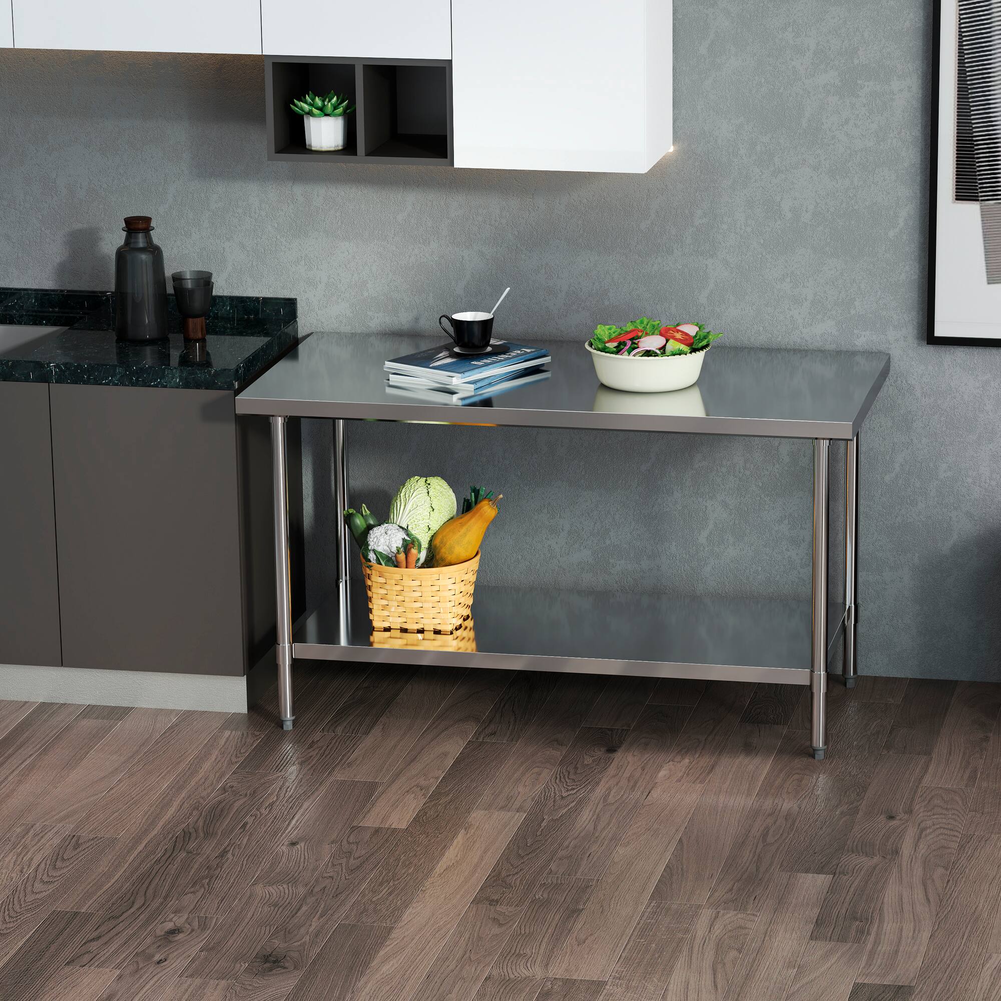 Left. KLEENSTEEL - 30" x 60" NSF Stainless Steel Worktable Adjustable Undershelf for Kitchen & BBQ.