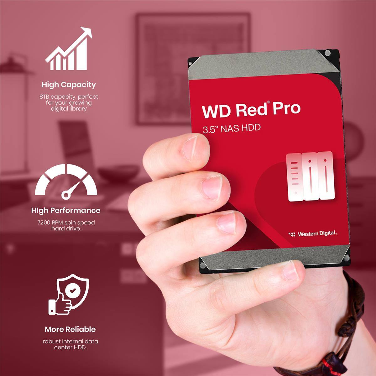 High Capacity 8TB capacity. perfect for your growing digital library.  
High Performance 7200 RPM spin speed hard drive.  
WD Red Pro 3.5" NAS HDD.  
More Reliable robust internal data center HDD.