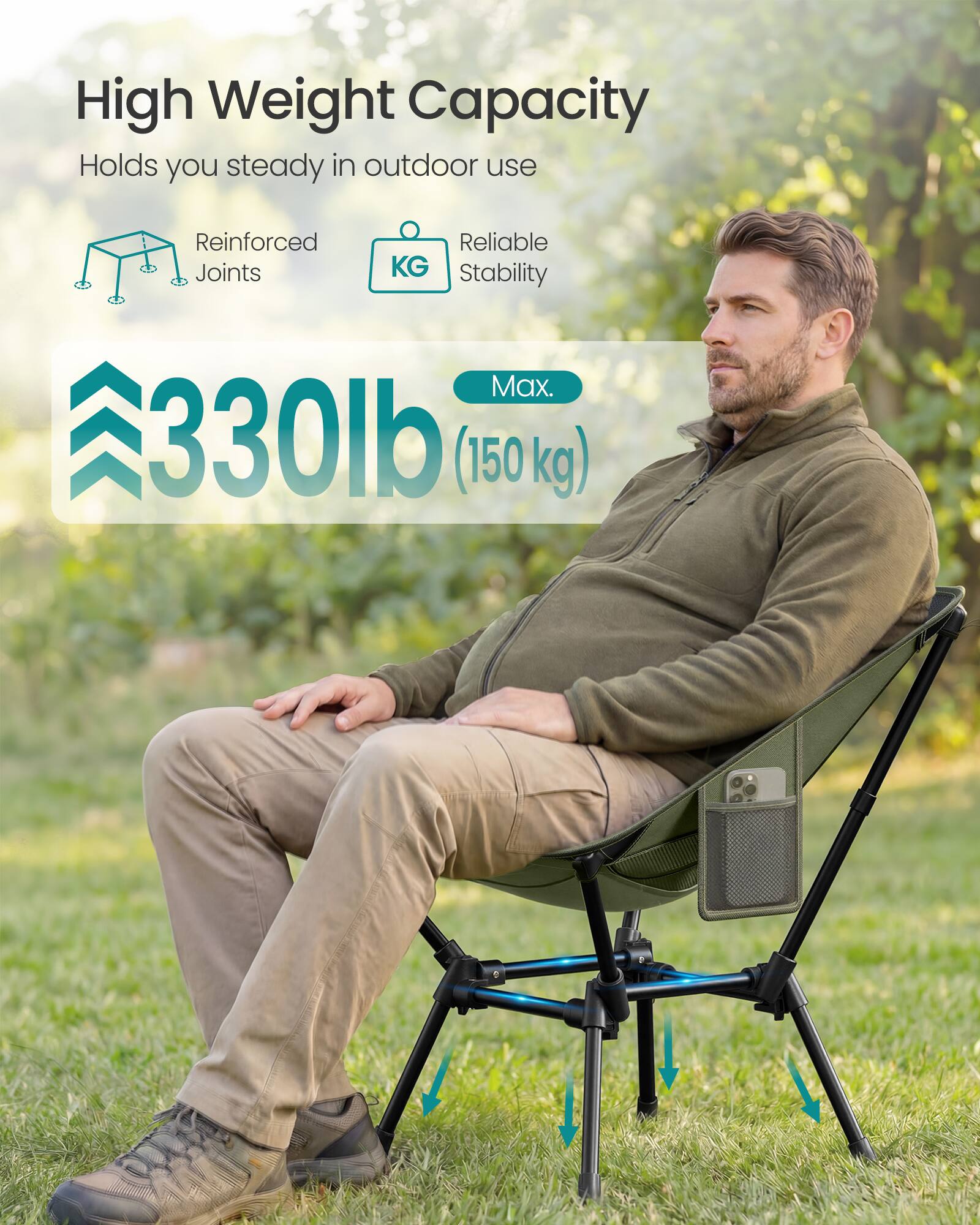 High Weight Capacity  
Holds you steady in outdoor use  
Reinforced Joints  
Reliable KG Stability  
Max. 330lb (150 kg)