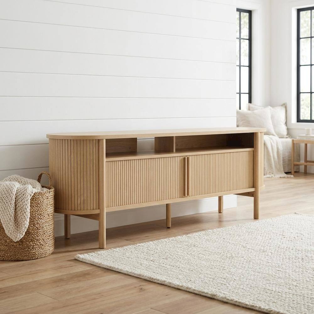 Angle. FurniFact - Wooden TV stand with brown finish and curved design for living room decor - Brown.