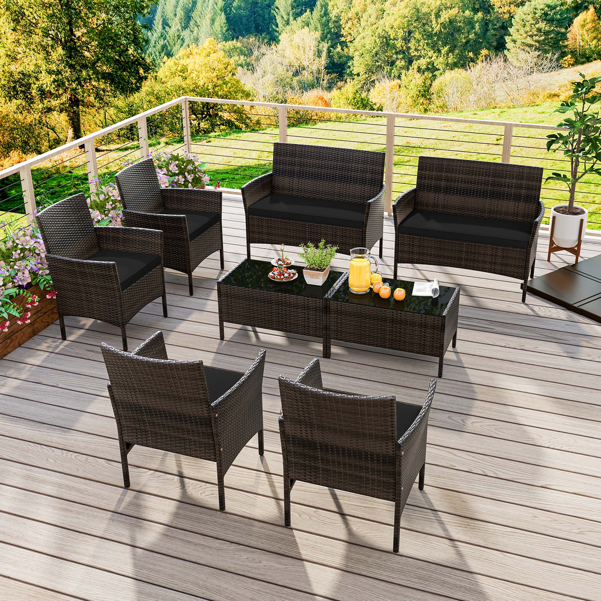Alt View 4. Costway - 8 PCS Patio Furniture Set with Washable Cushions and Tempered Glass Coffee Table - Black + Mix Brown.