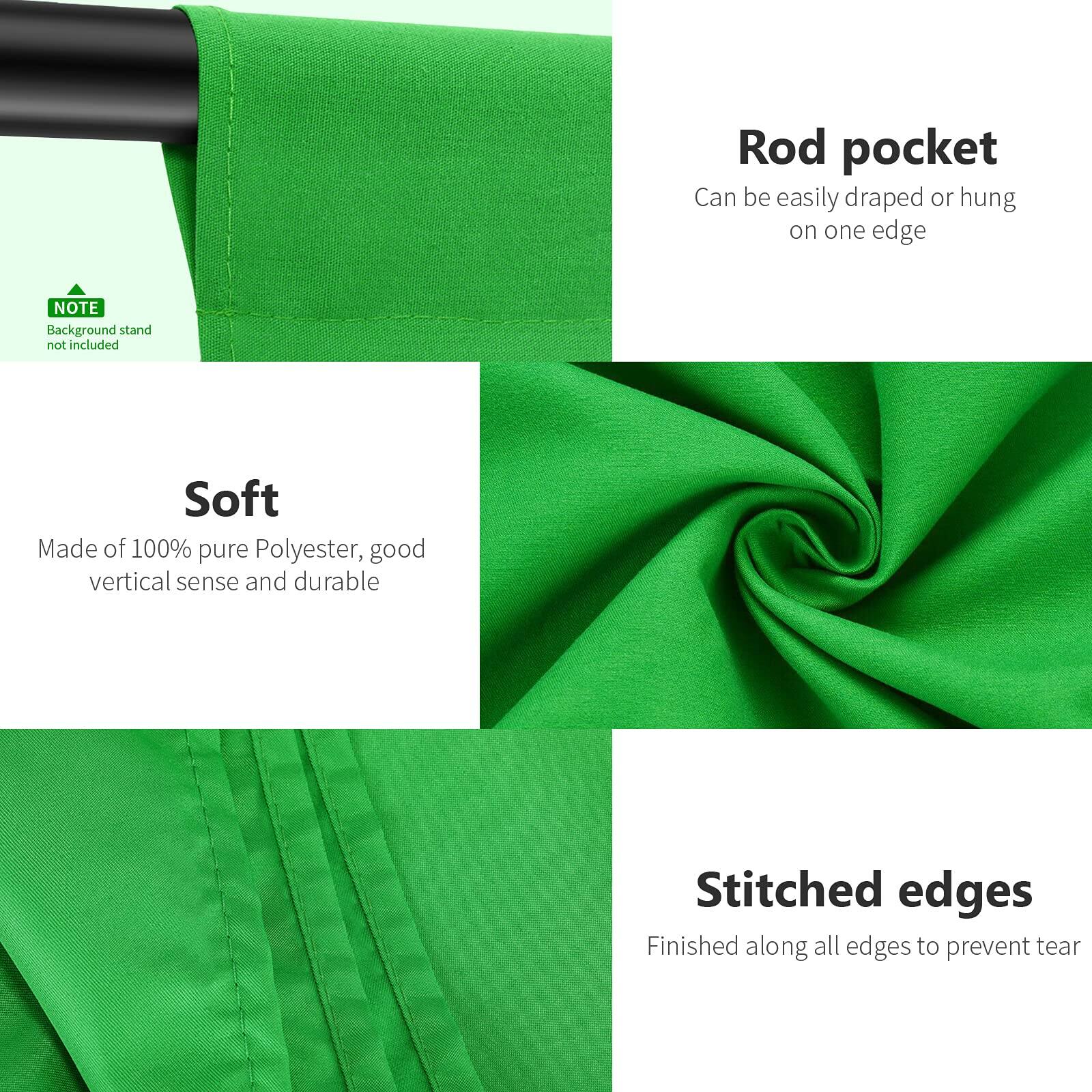 Rod pocket  
Can be easily draped or hung on one edge  

Soft  
Made of 100% pure Polyester, good vertical sense and durable  

Stitched edges  
Finished along all edges to prevent tear  

NOTE  
Background stand not included