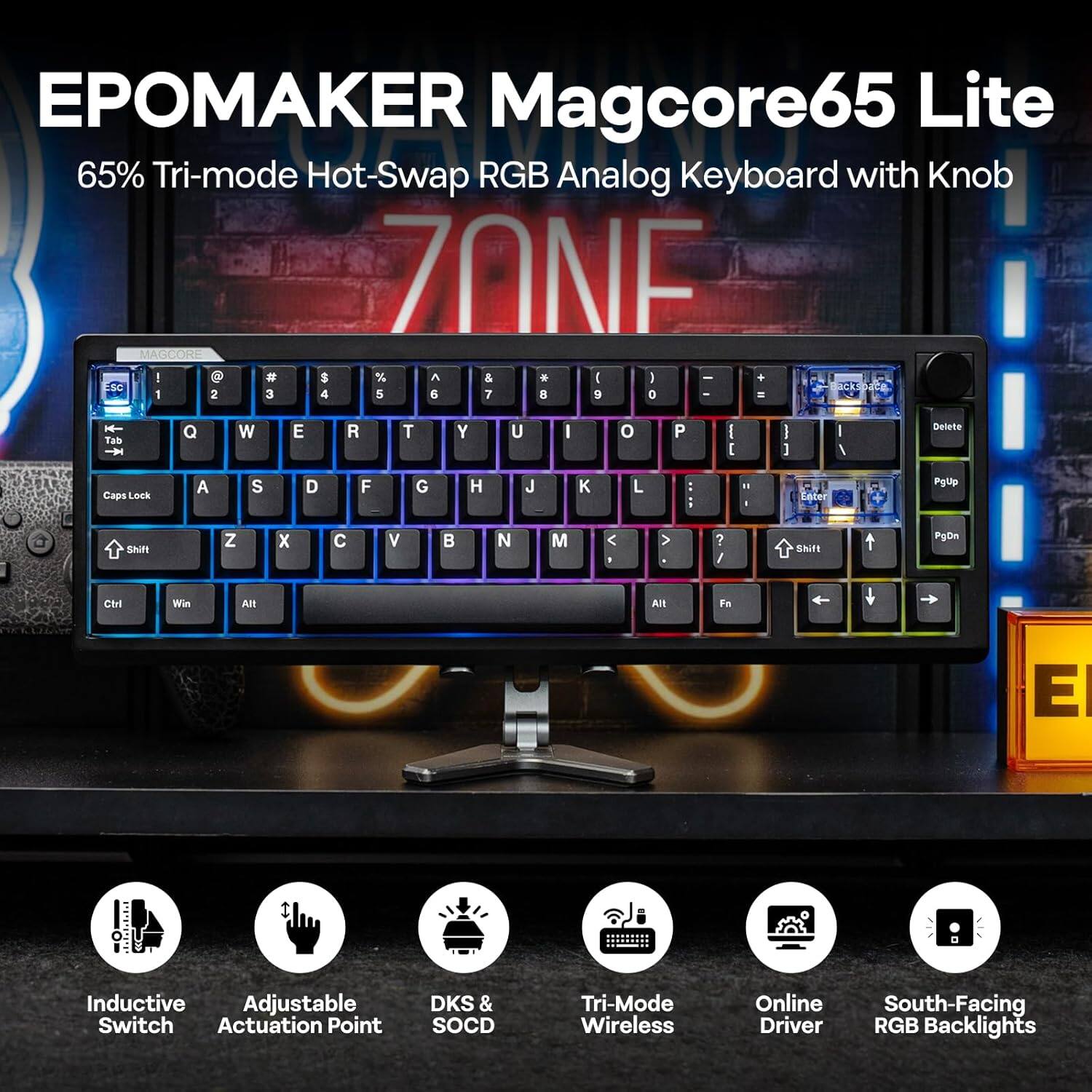 EPOMAKER Magcore65 Lite  
65% Tri-mode Hot-Swap RGB Analog Keyboard with Knob  

- Inductive Switch  
- Adjustable Actuation Point  
- DKS & SOCD  
- Tri-Mode Wireless  
- Online Driver  
- South-Facing RGB Backlights