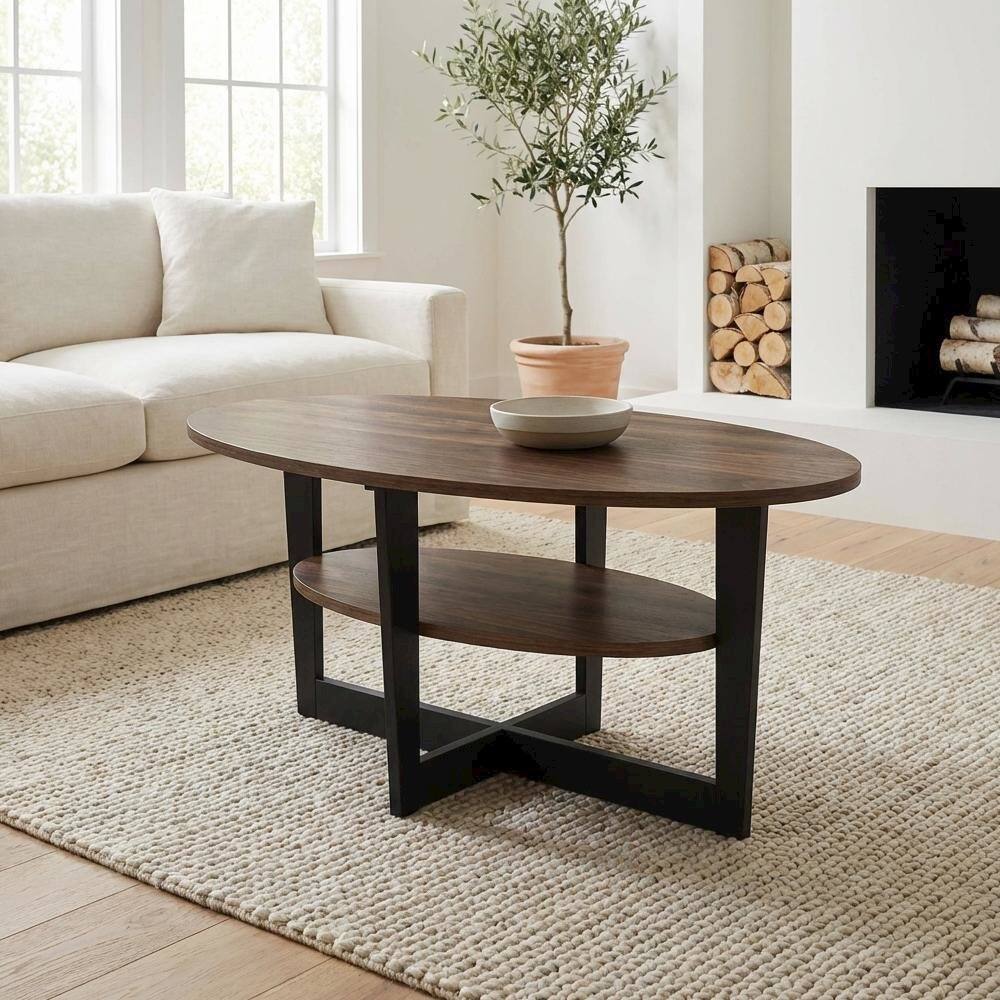 Left. FurniFact - Oval Coffee Table Columbia Walnut Black Finish with Durable Construction - Columbia Walnut/Black.