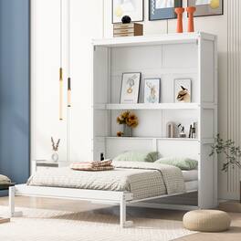 Tiramisubest - Full Size White Solid Wood+MDF Murphy Bed with Shelves, 85x61x84 inches, Space-Saving - White