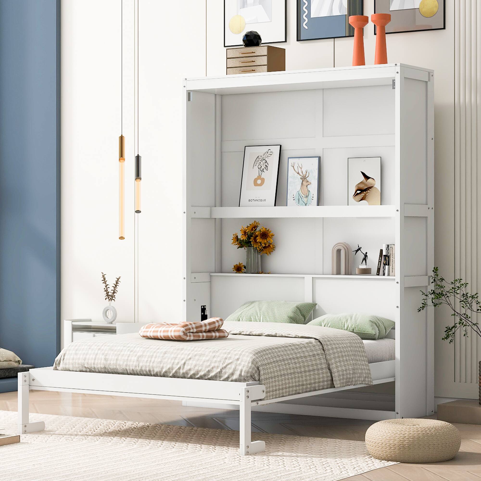 Front. Tiramisubest - Full Size White Solid Wood+MDF Murphy Bed with Shelves, 85x61x84 inches, Space-Saving - White.
