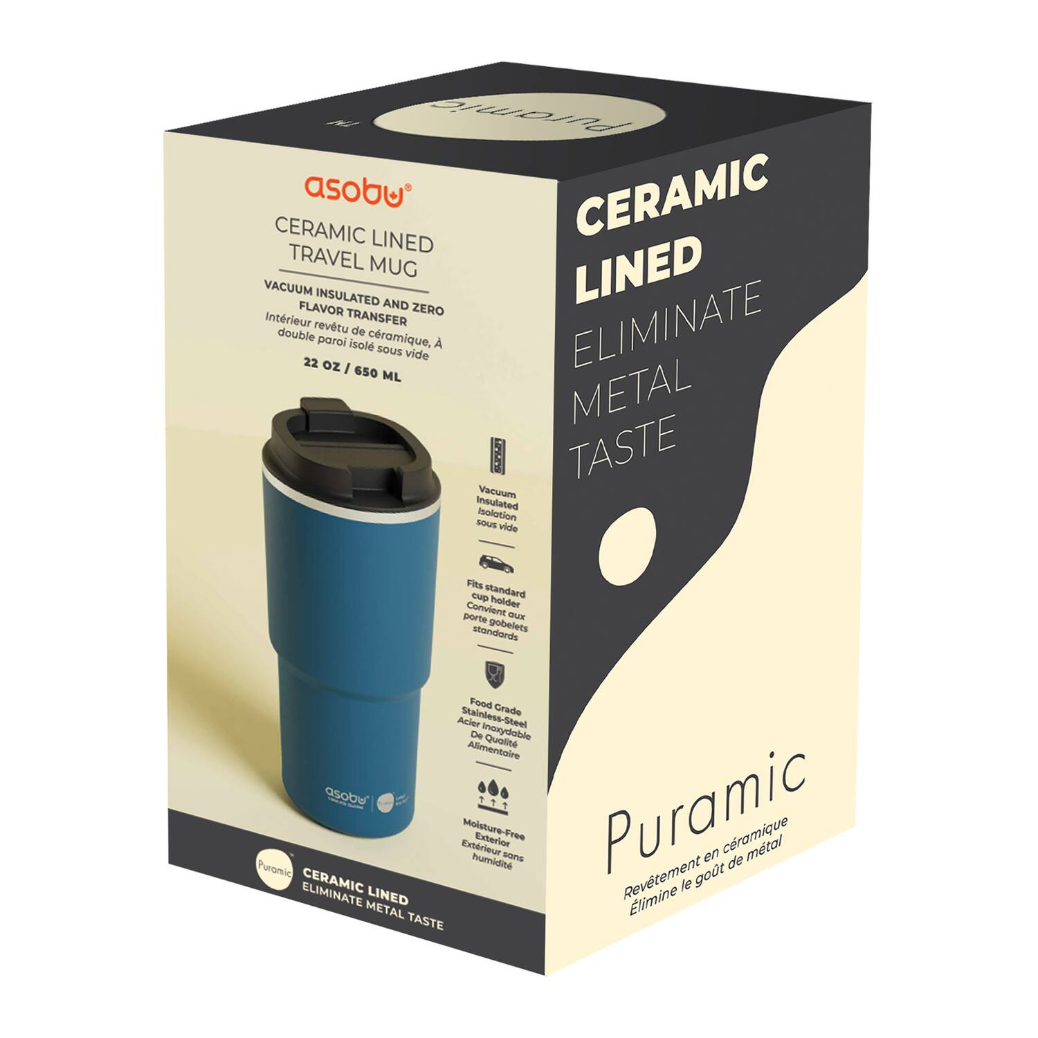 N Furamia asobu CERAMIC CERAMIC LINED TRAVEL MUG LINED VACUUM INSULATED AND FLAVOR TRANSFER ZERO Intrieur revtu ELIMINATE double de parai isol cramique, A sous vide 22 oz I 650 ML METAL SU TASTE Vacuum batelueni Isolation SOUE vide FHS Tup standard Convient holder porte E shansurds gobelets Food Crade Acter Stainless-Steel De Inoxtydable Qualit Allimentaire asobd 17 Puramic Molsture-Free Exterics cramique Extrieur sons en mtal Puromic humidit de CERAMIC Revtement le got ELIMINATE LINED Elimine METAL TASTE

asobu
CERAMIC LINED TRAVEL MUG
VACUUM INSULATED AND ZERO FLAVOR TRANSFER
Intérieur revêtu de céramique, A double paroi isolée sous vide
22 OZ / 650 ML

Vacuum insulated
Fits standard cup holders
Convenient for travel
Food Grade Stainless-Steel
De Qualité Alimentaire
