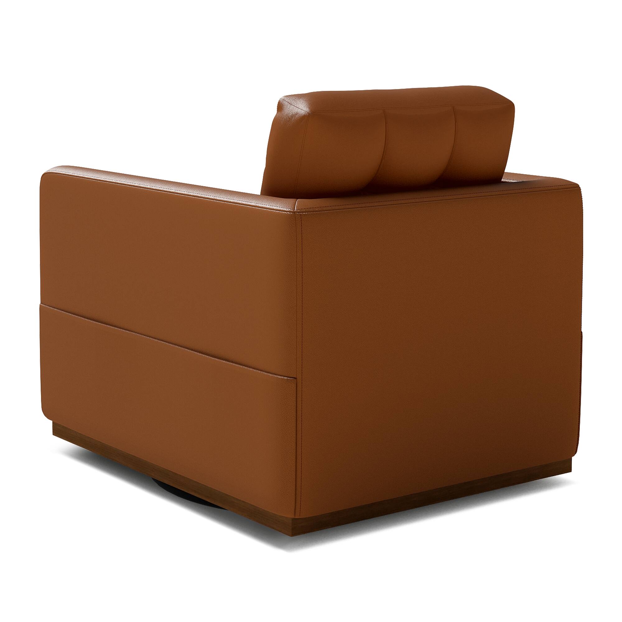 Back. Brick Attic - 34.3″Wide Waterproof Leather Swivel Armchair,  Ergonomic Solid Wood Base 360° Rotation Lounge Chair - Brown.
