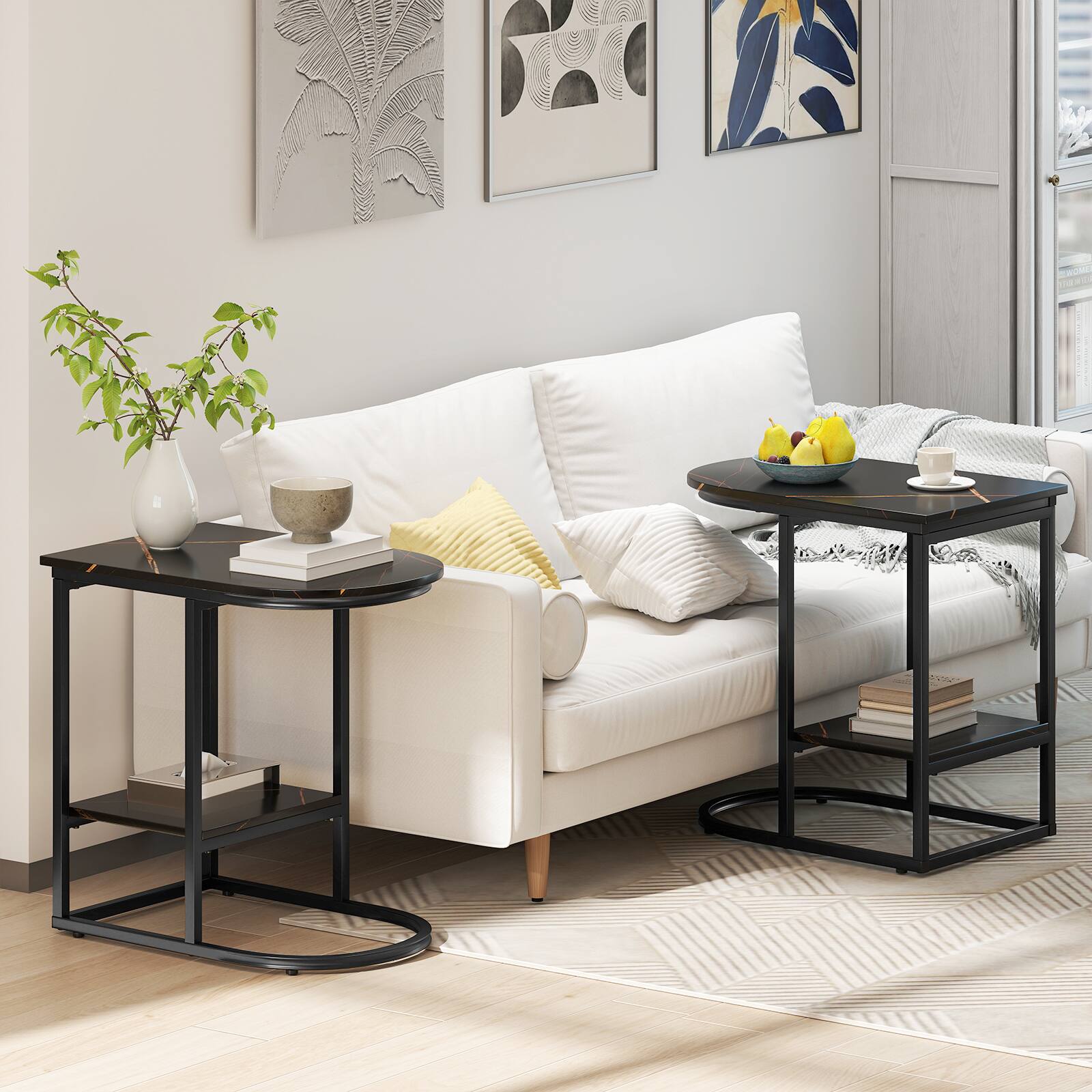 Alt View 1. Costway - Costway 2PCS C-shaped End Table Modern Sofa Side Table w/ Faux Marble Tabletop & Storage Shelf - Black.
