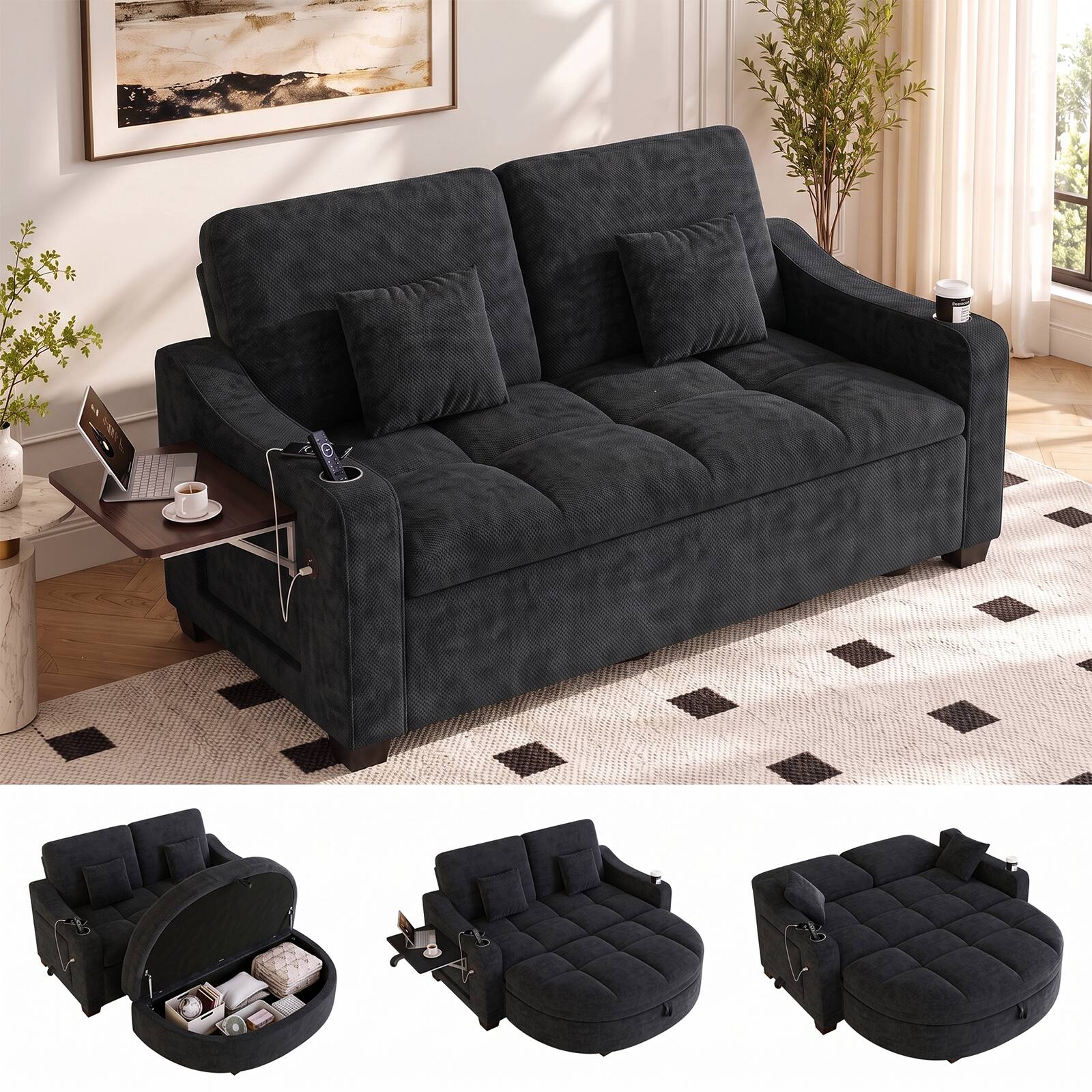 Front. Anysun - 60" Modern Convertible Chenille 2-Seater Sofa with Storage Ottoman, USB Charger & Side Tray - Black.