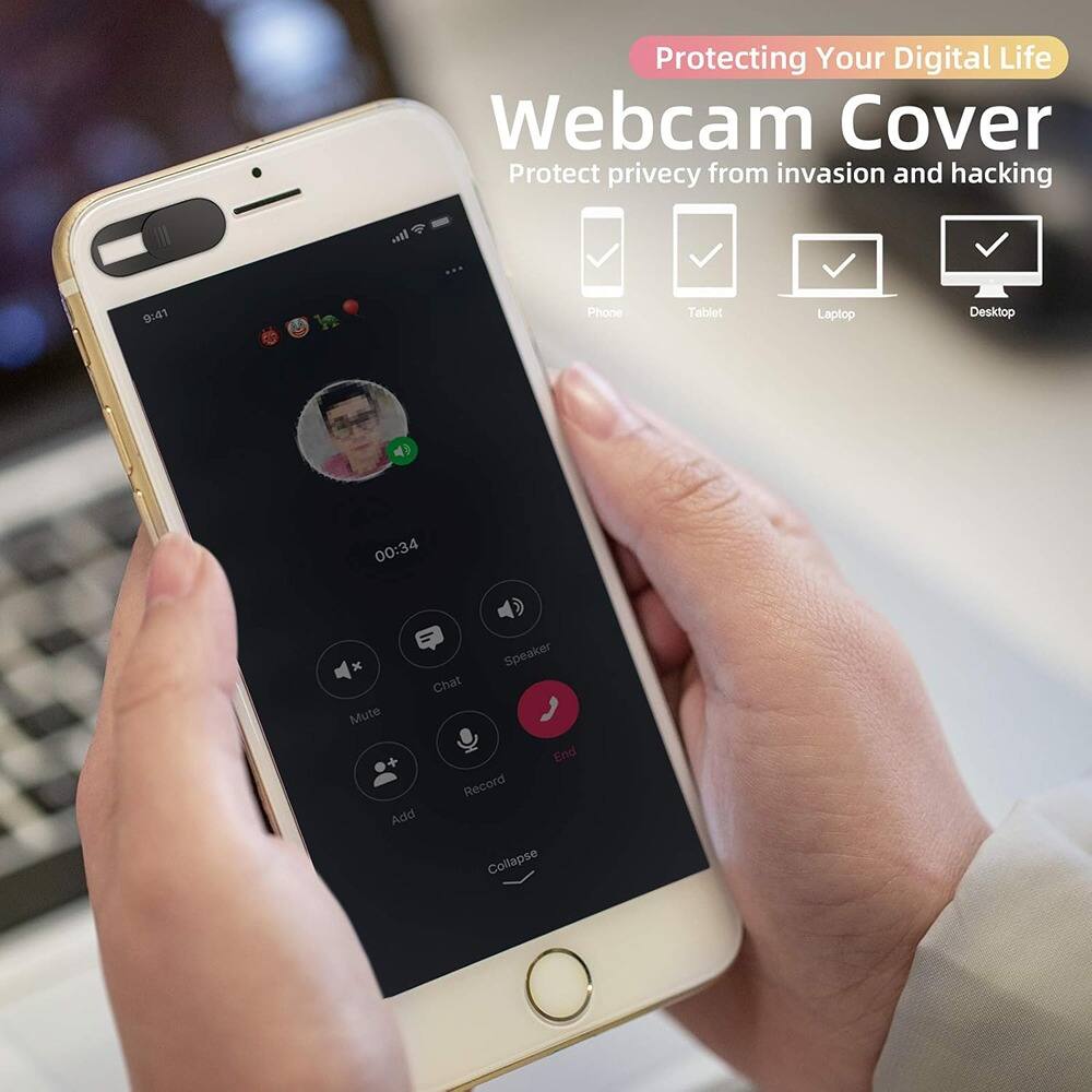 Protecting Your Digital Life  
Webcam Cover  
Protect privacy from invasion and hacking  

Phone  
Tablet  
Laptop  
Desktop  

9:41  
00:34  

Speaker  
Chat  
Mute  
End  
Record  
Add  
Collapse
