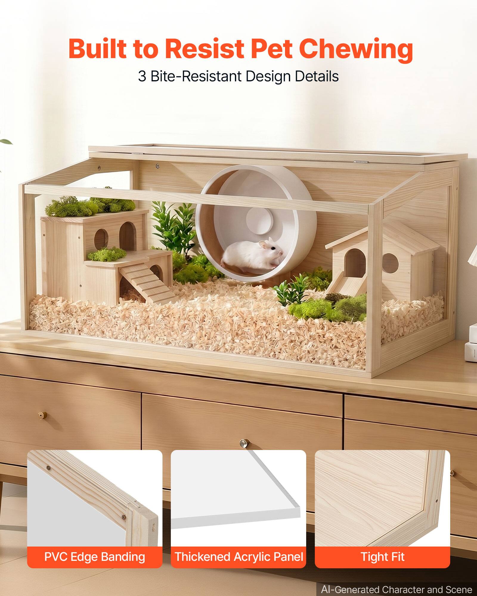 Built to Resist Pet Chewing  
3 Bite-Resistant Design Details  
PVC Edge Banding  
Thickened Acrylic Panel  
Tight Fit  
AI-Generated Character and Scene