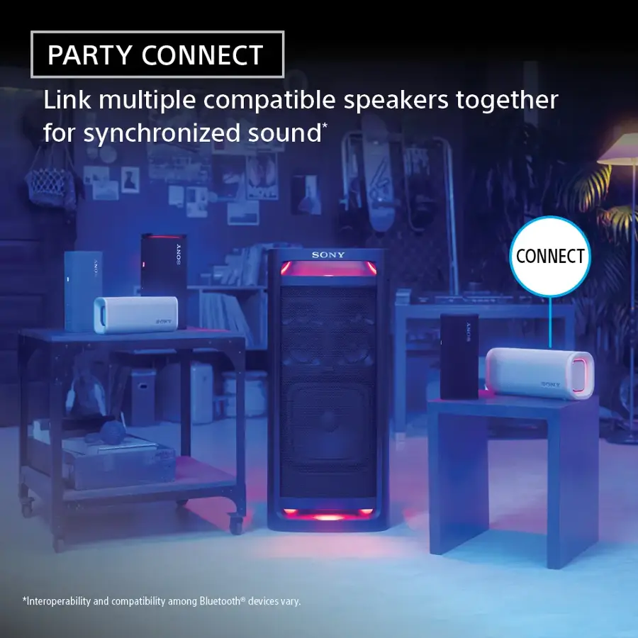 Party Connect: Link multiple compatible speakers together for synchronized sound. Sony Connect: Link multiple Sony speakers together for synchronized sound.