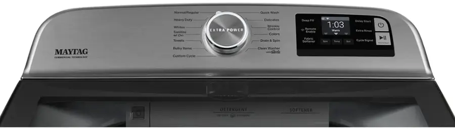 The text on the image is grouped and corrected as follows:

1. Normal/Regular: Washing machine with a regular cycle.
2. Quick Wash: Washing machine with a quick wash cycle.
3. Heavy Duty: Washing machine with a heavy duty cycle.
4. Whites: Washing machine with a cycle specifically for white clothing.
5. Sanitize w/ Oxi: Washing machine with a sanitize cycle that uses oxygen.
6. Towels: Washing machine with a cycle for towels.
7. EXTRA POWER: Washing machine with an extra power cycle.
8. Delicates: Washing machine with a cycle for delicate clothing.
9. Wrinkle Control: Washing machine with a cycle for controlling wrinkles.
10. Colors: Washing machine with a cycle for colorful clothing.
11. Drain & Spin: Washing machine with a cycle for draining and spinning.
12. Deep Fi Remote Enable: Washing machine with a deep fiber cycle that can be controlled remotely.
13. Fabric Softener: Washing machine with a cycle for using fabric softener.
14. 1:03 Warm Spin Temp: Washing machine with a cycle that spins at a warm temperature for 1 minute and 3 seconds.
15. Soc Delay Start: Washing machine with a cycle that delays the start of the wash cycle.
16. Extra Rinse Cycle: Washing machine with an extra rinse cycle.
17. Signal: Washing machine with a cycle that signals when the wash cycle is complete.
18. MAYTAG COMMERCIAL TECHNOLOGY: Washing machine with commercial technology.
19. Bulky Items: Washing machine with a cycle for bulky items.
20. Custom Cycle: Washing machine with a custom cycle.
21. Clean Washer: Washing machine with a cycle for cleaning the washer itself.
22. Detergent: Washing machine with a cycle for using detergent.
2