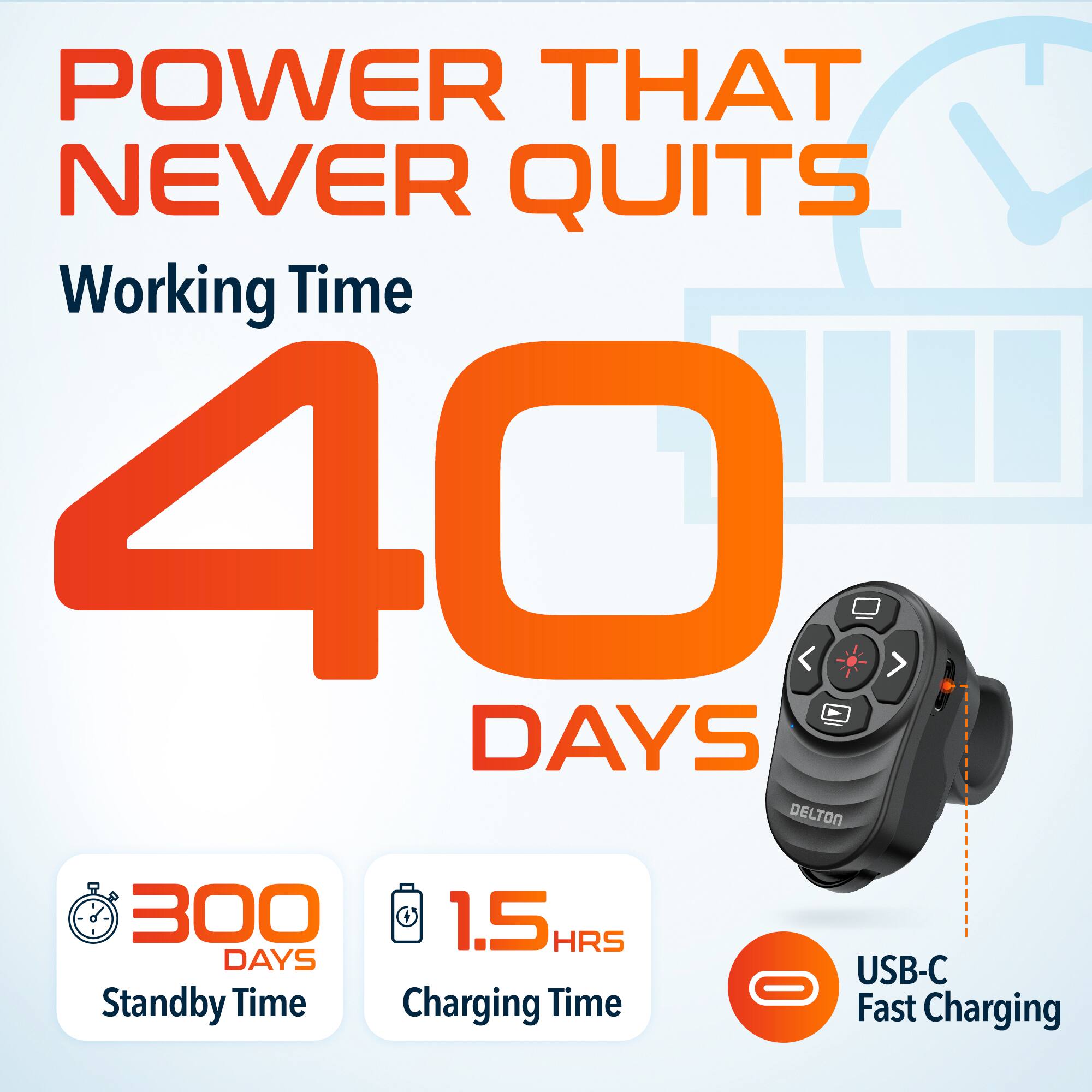 POWER THAT NEVER QUITS Working Time 40 DAYS DELTON Standby Time 300 DAYS Charging Time 1.5 HRS USB-C Fast Charging