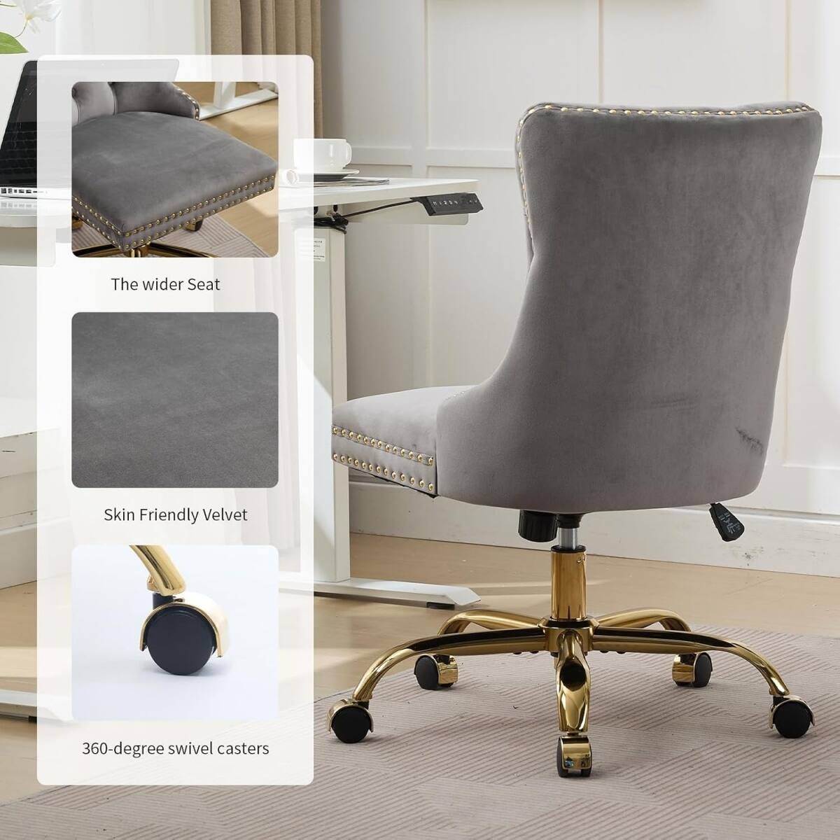 The wider Seat  
Skin Friendly Velvet  
360-degree swivel casters