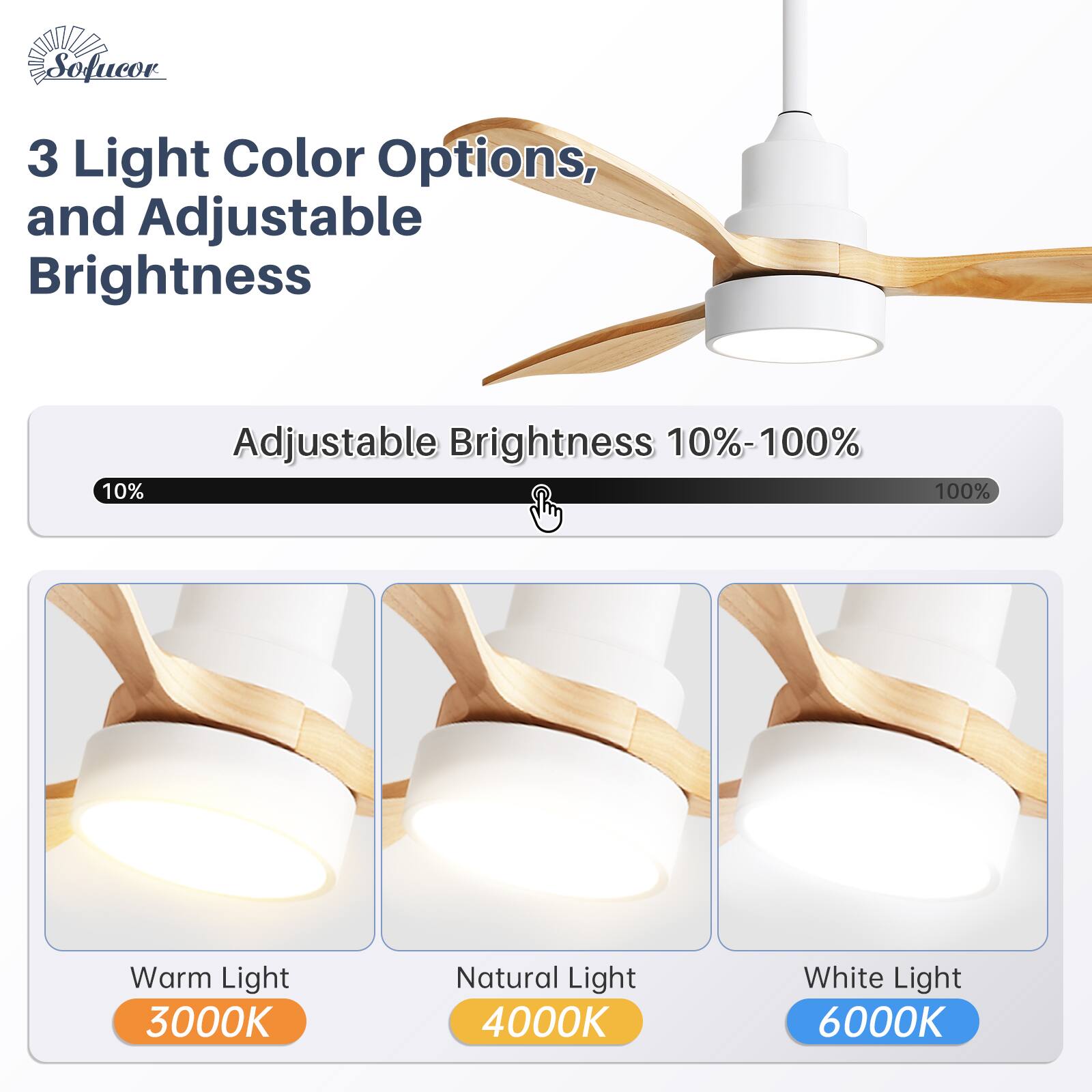 3 Light Color Options, and Adjustable Brightness

Adjustable Brightness 10%-100%

Warm Light 3000K  
Natural Light 4000K  
White Light 6000K