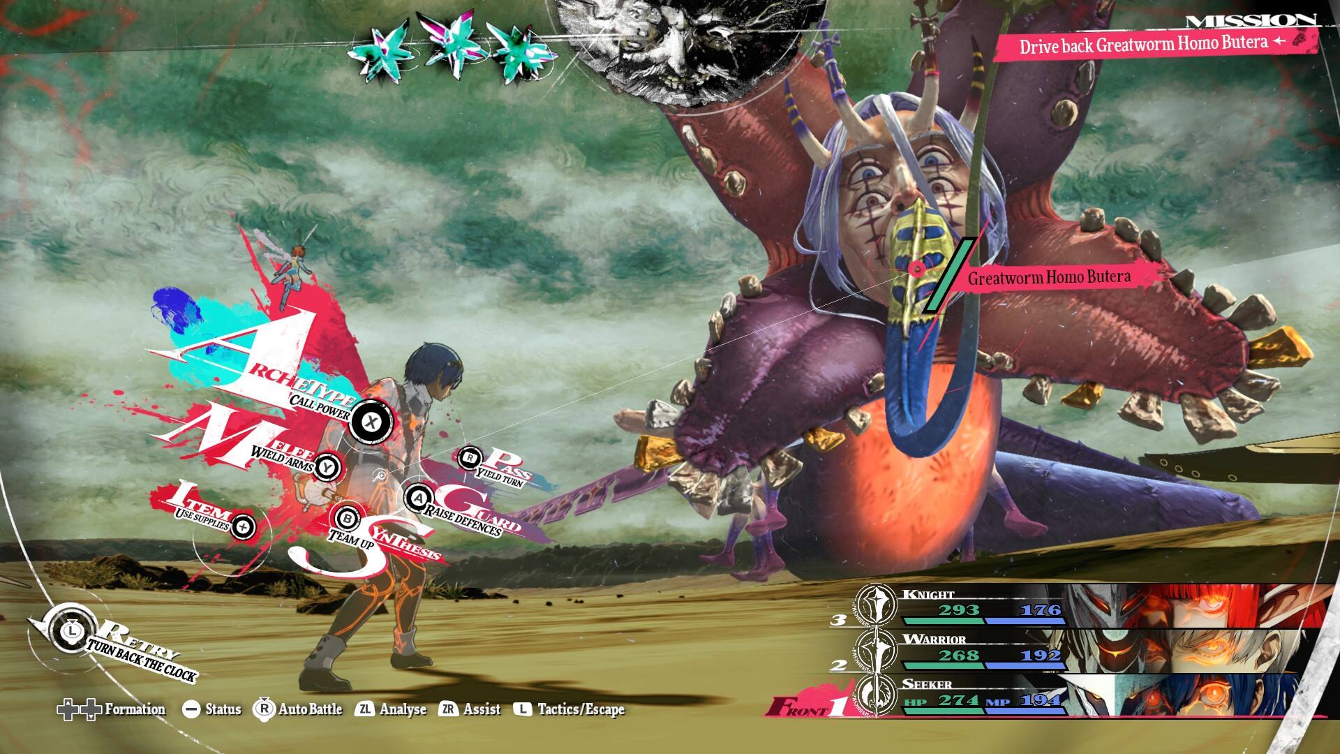 MISSION: Drive back Greatworm Homo Butera

Greatworm Homo Butera

RCHETYPE: CALL POWER X WIELD ARMS P. PASS Y ASS YIELD TURN A USE TEM SUPPLIES TEAM ORANS-BEERS RAISE DEFENCES UARD UP YNTHESIS TURN BACK ETRY THE CLOCK

Formation - Status R Auto Battle ZL Analyse ZR Assist L Tactics/Escape

3 2 FRONT

KNIGHT 293 176
WARRIOR 268 192
SEEKER HP 274 MP 194