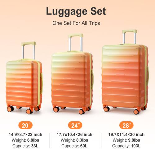 Luggage Set  
One Set For All Trips  

20"  
14.9x8.7x22 inch  
Weight: 6.8lbs  
Capacity: 33L  

24"  
17.7x10.4x26 inch  
Weight: 8.3lbs  
Capacity: 60L  

28"  
19.7x11.4x30 inch  
Weight: 9.8lbs  
Capacity: 103L