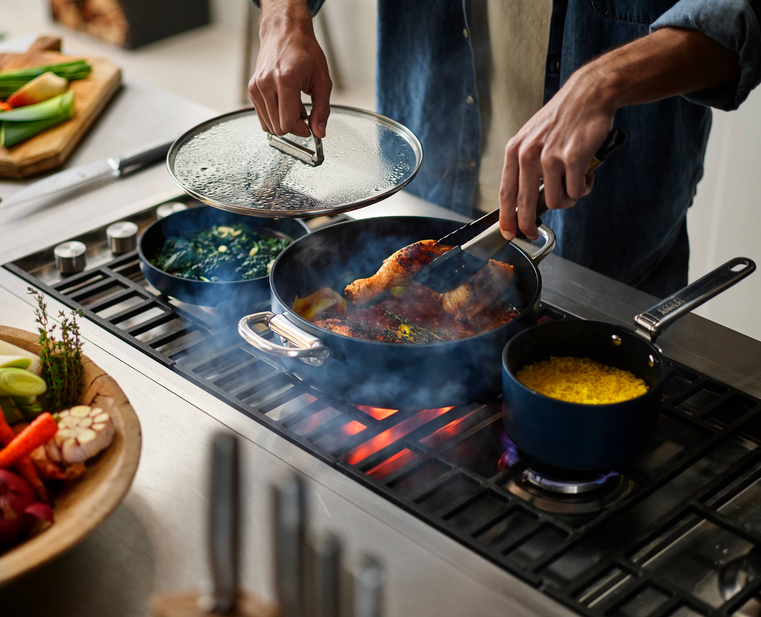 Alt View 4. Joseph Joseph - Space Ceramic Non-stick 10-piece Cookware Set with Folding Handles - Blue.