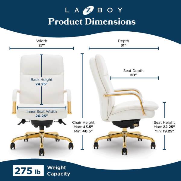 LA Z BOY Product Dimensions  
Width: 27"  
Depth: 31"  
Back Height: 24.25"  
Seat Depth: 20"  
Inner Seat Width: 20.25"  
Chair Height: Max: 43.5" Min: 40.5"  
Seat Height: Max: 22.25" Min: 19.25"  
Weight Capacity: 275 lb