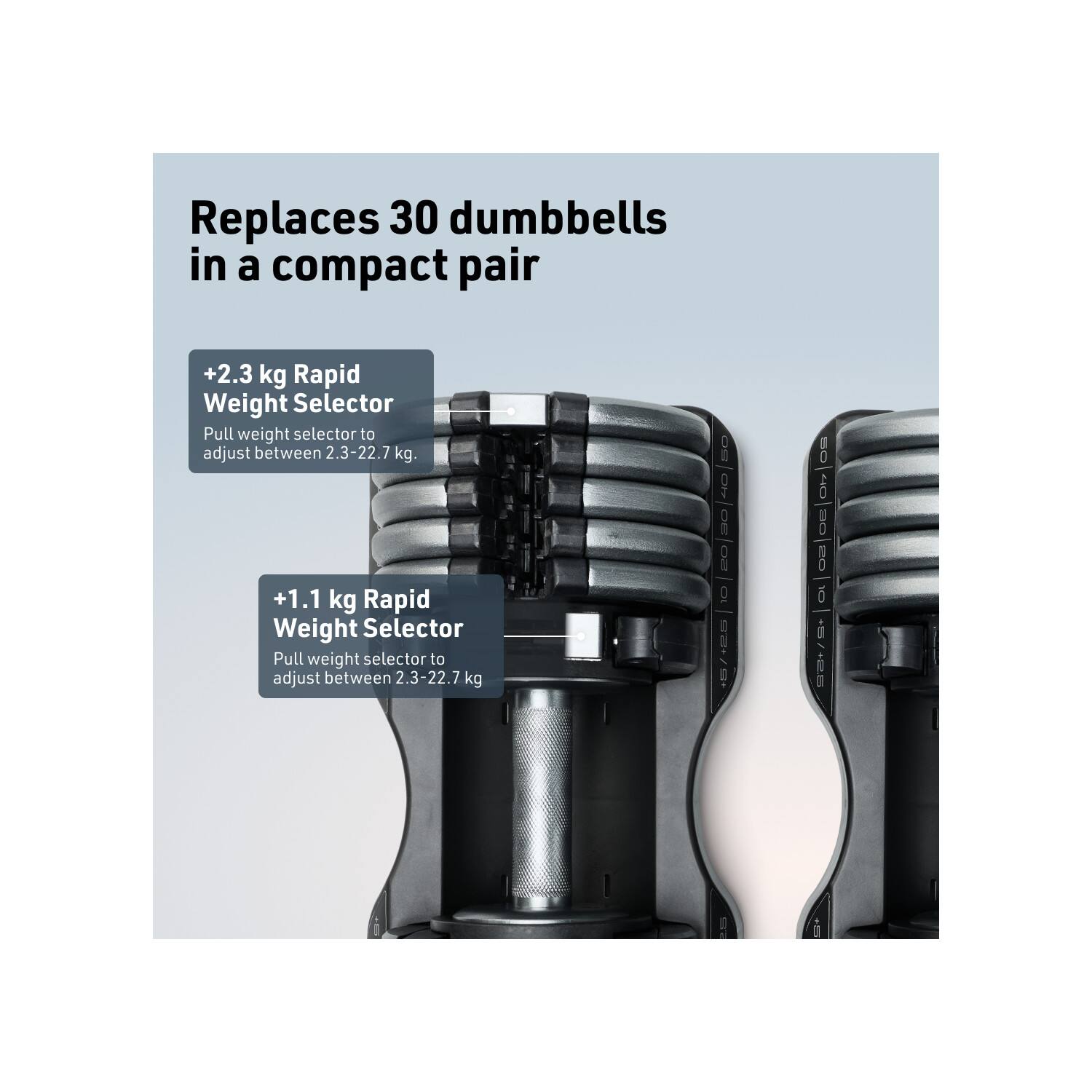 Replaces 30 dumbbells in a compact pair

+2.3 kg Rapid Weight Selector
Pull weight selector to adjust between 2.3-22.7 kg

+1.1 kg Rapid Weight Selector
Pull weight selector to adjust between 2.3-22.7 kg