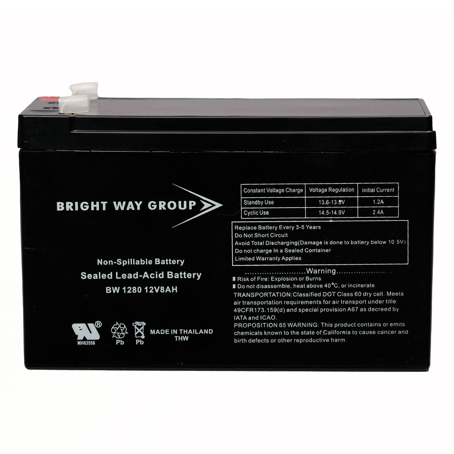 **BRIGHT WAY GROUP**

**Non-Spillable Battery**  
**Sealed Lead-Acid Battery**  
**BW 1280 12V8AH**

---

**Constant Voltage Charge**  
**Voltage Regulation**  
**Initial Current**

- **Standby Use**  
  13.6-13.8V  
  1.2A

- **Cyclic Use**  
  14.5-14.9V  
  2.4A

---

**Replace Battery Every 3-5 Years**  
**Do Not Short Circuit**  
**Avoid Total Discharging (Damage is done to battery below 10V)**  
**Do not charge In a Sealed Container**  
**Limited Warranty Applies**

---

**Warning:**

- **Risk of Fire: Explosion or Burns**  
  - Do not disassemble, heat above 40°C, or incinerate

- **TRANSPORTATION:**  
  Classified DOT Class 60 dry cell. Meets air transportation requirements for air transport under title 49CFR173.59(d) and special provision A67 as decreed by IATA and ICAO.

- **PROPOSITION