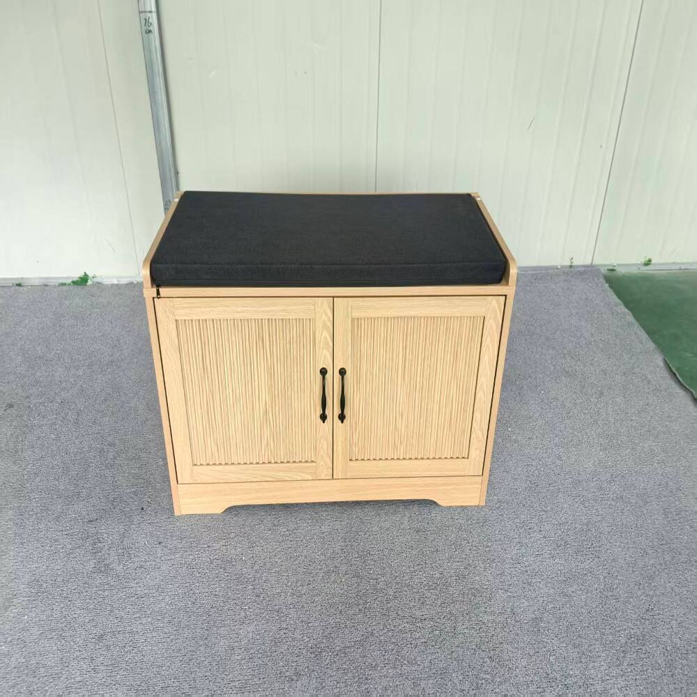 Alt View 2. Ropilly - Ropilly 31.5-Inch Oak Entryway Shoe Bench, Double Door Shoe Storage Cabinet with Cushioned Seat for Hallway - Oak.