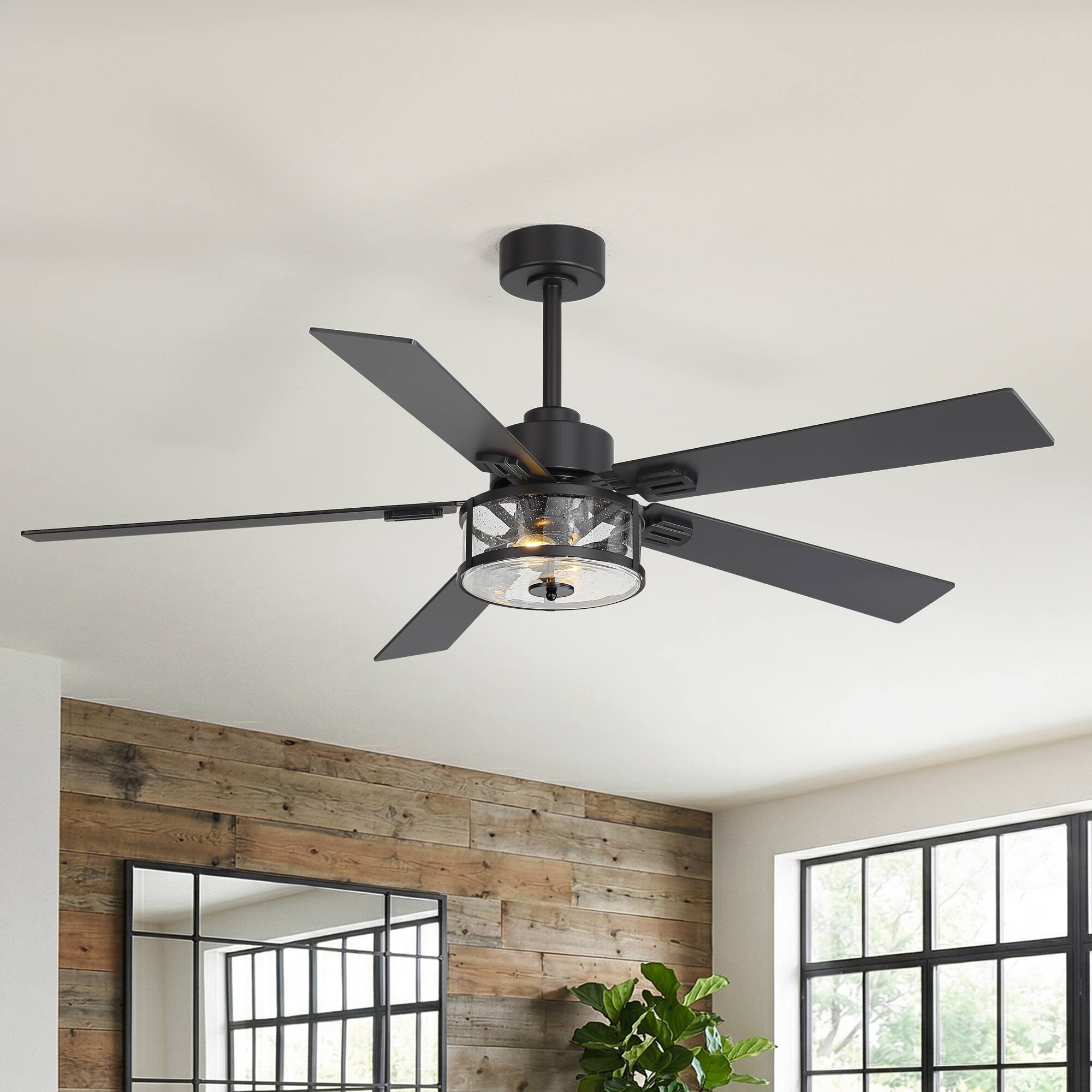 Left. Breezary - 56-Inch Ceiling Fan with Dual E12 Sockets, 5 Plywood Blades, DC Motor, 6-Speed Remote, 1/2/4h Timer, Glass Shade - 56-inch Matte Black.