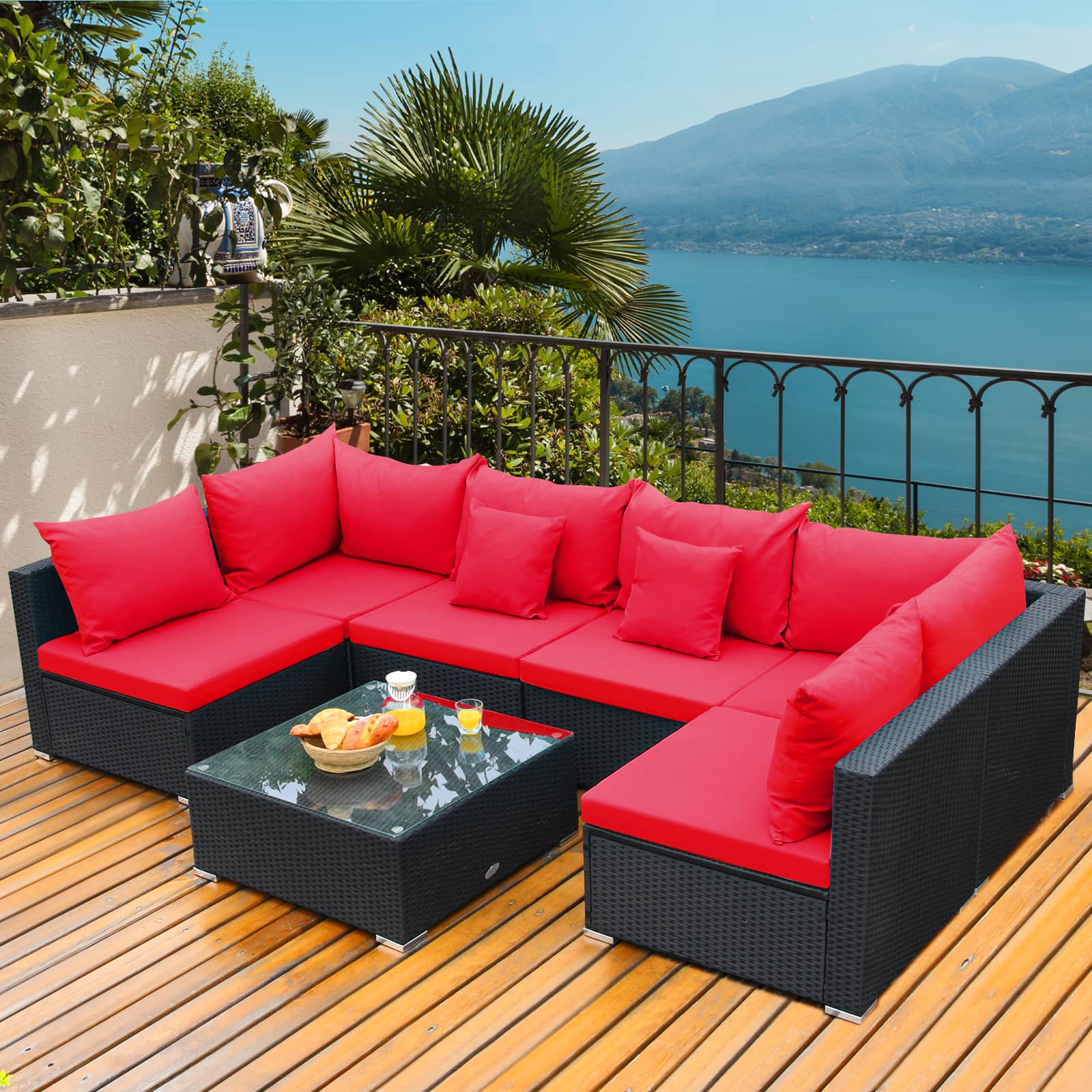Costway - 7PCS Patio Wicker Sofa Set Sectional Conversation Furniture Set Garden - Red