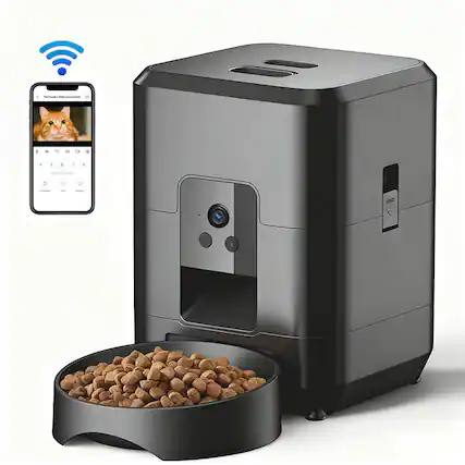 Front. Cluzine - 2L Portable Smart Pet Feeder with Camera Night Vision, 2.4G WiFi, Automatic Cat Dog Food Dispenser - Black.