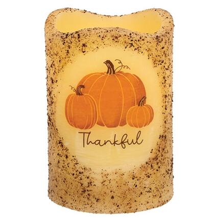 Front. BreeBe - Burnt Ivory Thankful Pumpkins Timer Pillar 4" - Ivory.