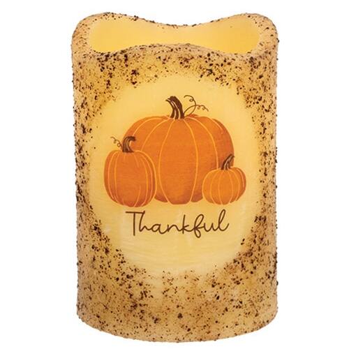 Front. BreeBe - Burnt Ivory Thankful Pumpkins Timer Pillar 4" - Ivory.