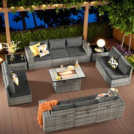 Ovios - 12 PCS Outdoor Patio Furniture Wicker Sectional Sofa with Coffee Table & 42" Fire Pit Table - Black