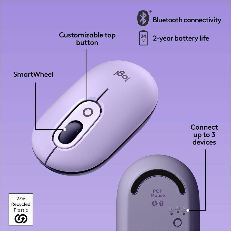 Bluetooth connectivity  
Customizable top button  
SmartWheel  
2-year battery life  
Connect up to 3 devices  
27% Recycled Plastic
