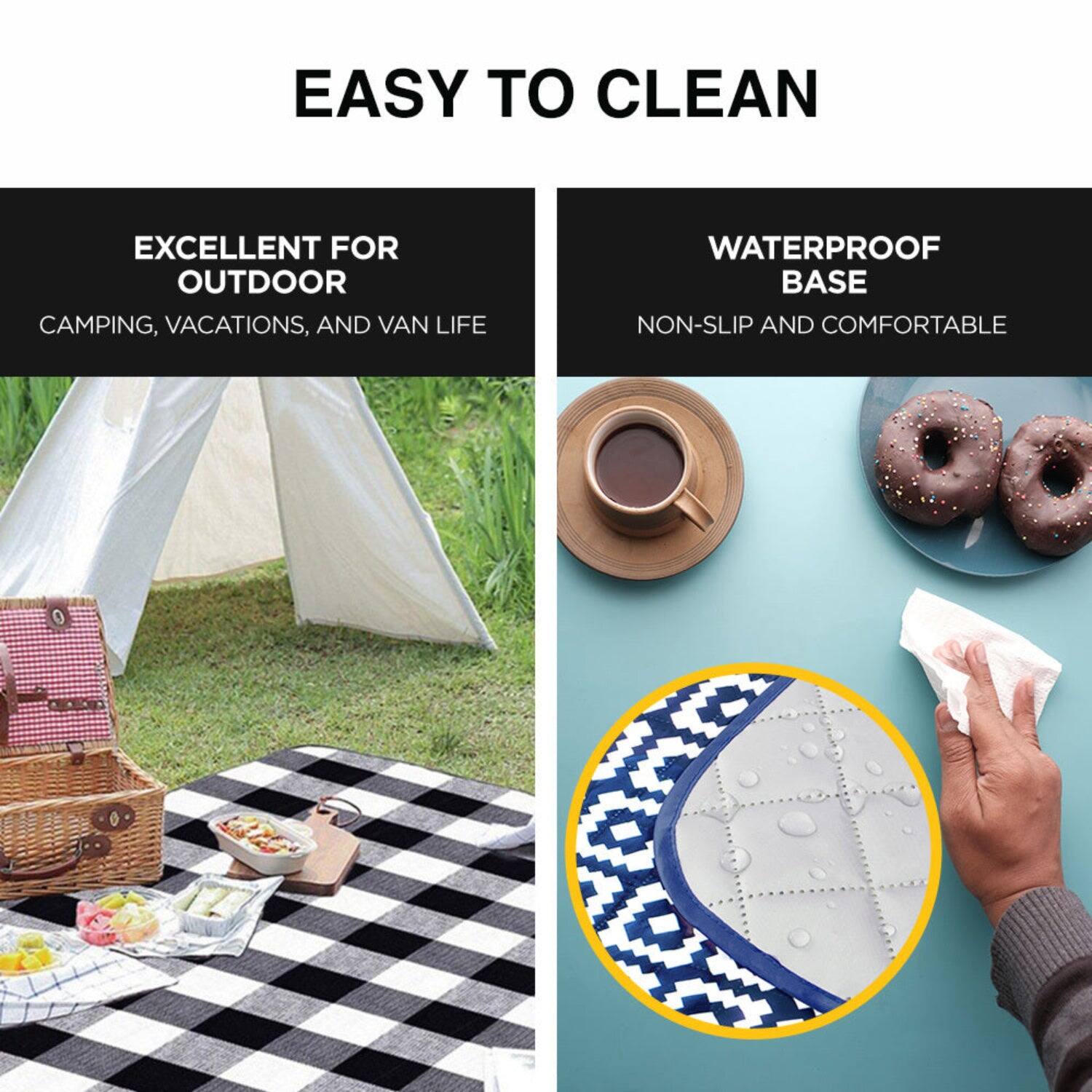 EASY TO CLEAN

EXCELLENT FOR OUTDOOR  
CAMPING, VACATIONS, AND VAN LIFE

WATERPROOF BASE  
NON-SLIP AND COMFORTABLE