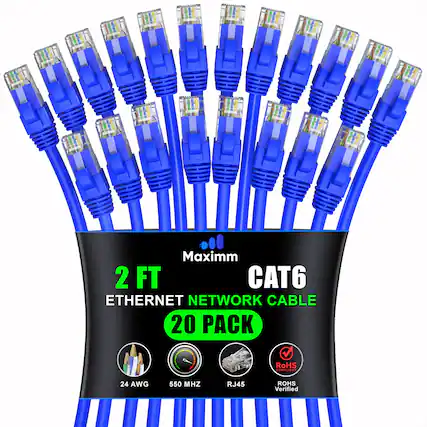 Maxim 2 FT CAT6 Ethernet Network Cable 20 Pack RoHS Compliant 24 AWG 550 MHz RJ45 RoHS Verified