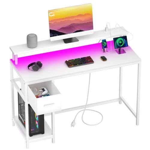 Front. Hirose Alice - Gaming Desk  With Led Lights And Monitor Stand  Computer Drawer For Small Spaces Office Power Outlets Shelf Wa - Full White-47 inch.