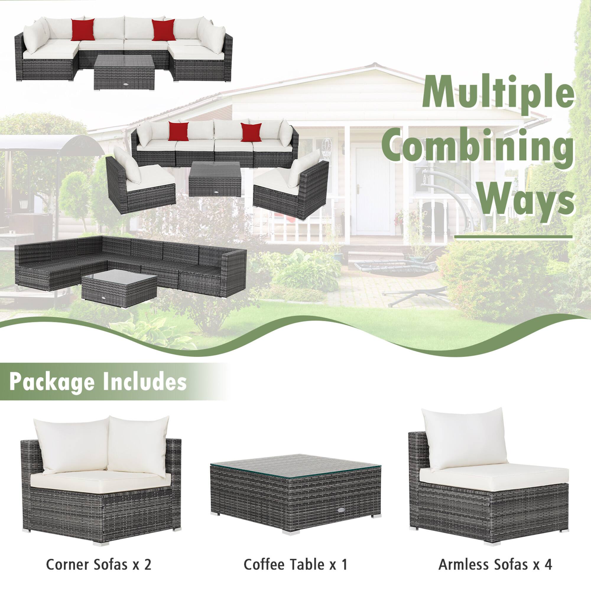 Multiple Combining Ways

Package Includes
- Corner Sofas x 2
- Coffee Table x 1
- Armless Sofas x 4