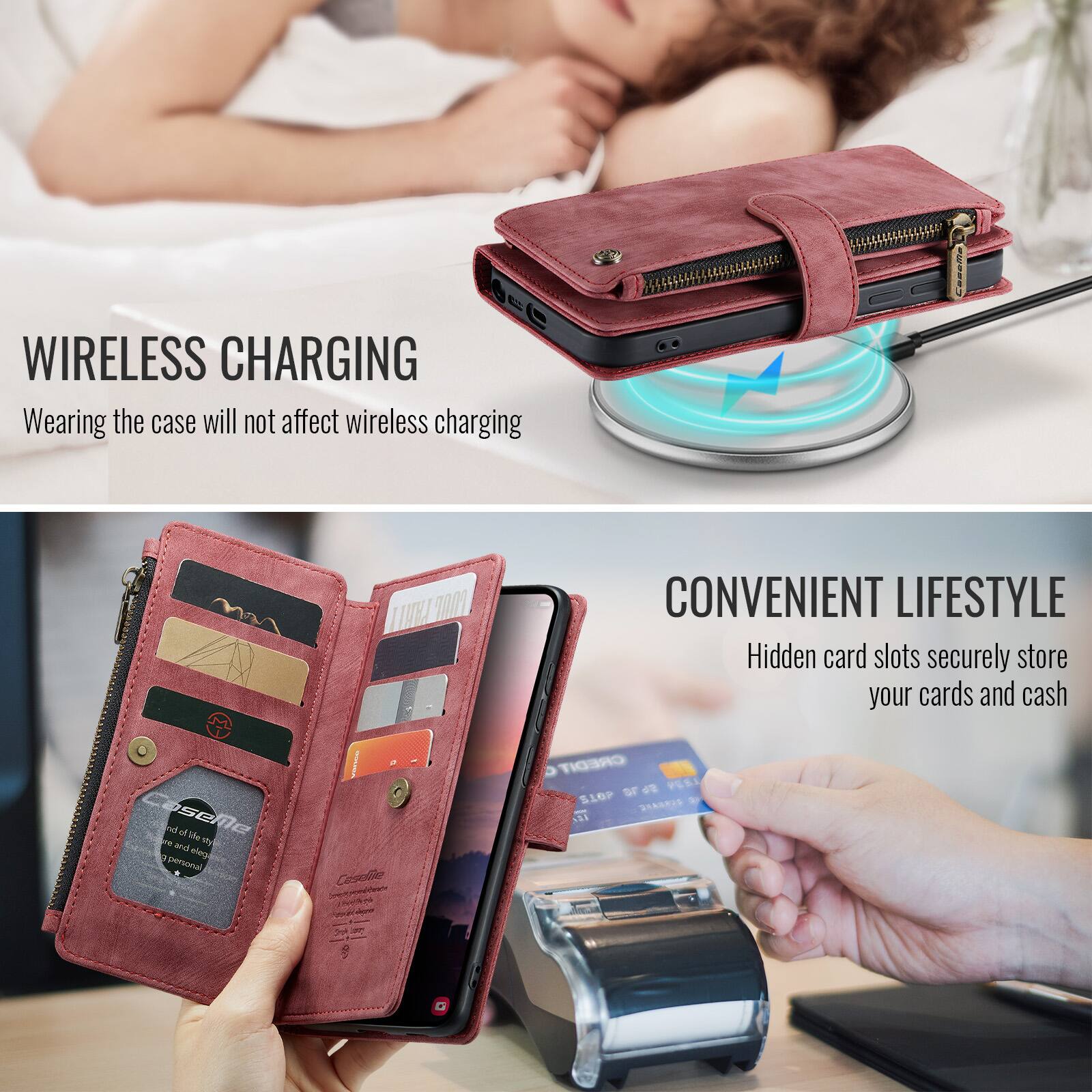 WIRELESS CHARGING  
Wearing the case will not affect wireless charging  

CONVENIENT LIFESTYLE  
Hidden card slots securely store your cards and cash