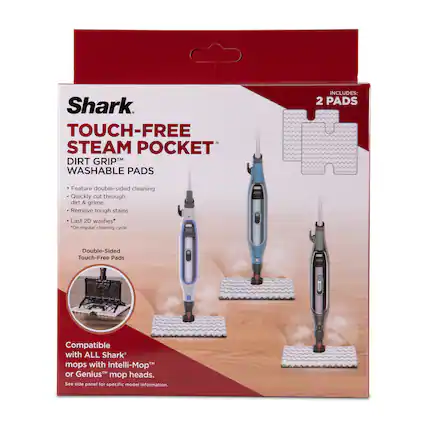 Shark TOUCH-FREE STEAM POCKET DIRT GRIP™ WASHABLE PADS
INCLUDES: 2 PADS
- Feature double-sided cleaning
- Quickly cut through dirt & grime
- Remove tough stains
- Last 20 washes* (On regular cleaning cycle)
Double-Sided Touch-Free Pads
Compatible with ALL Shark* mops with Intelli-Mop™ or Genius™ mop heads. See side panel for specific model information.