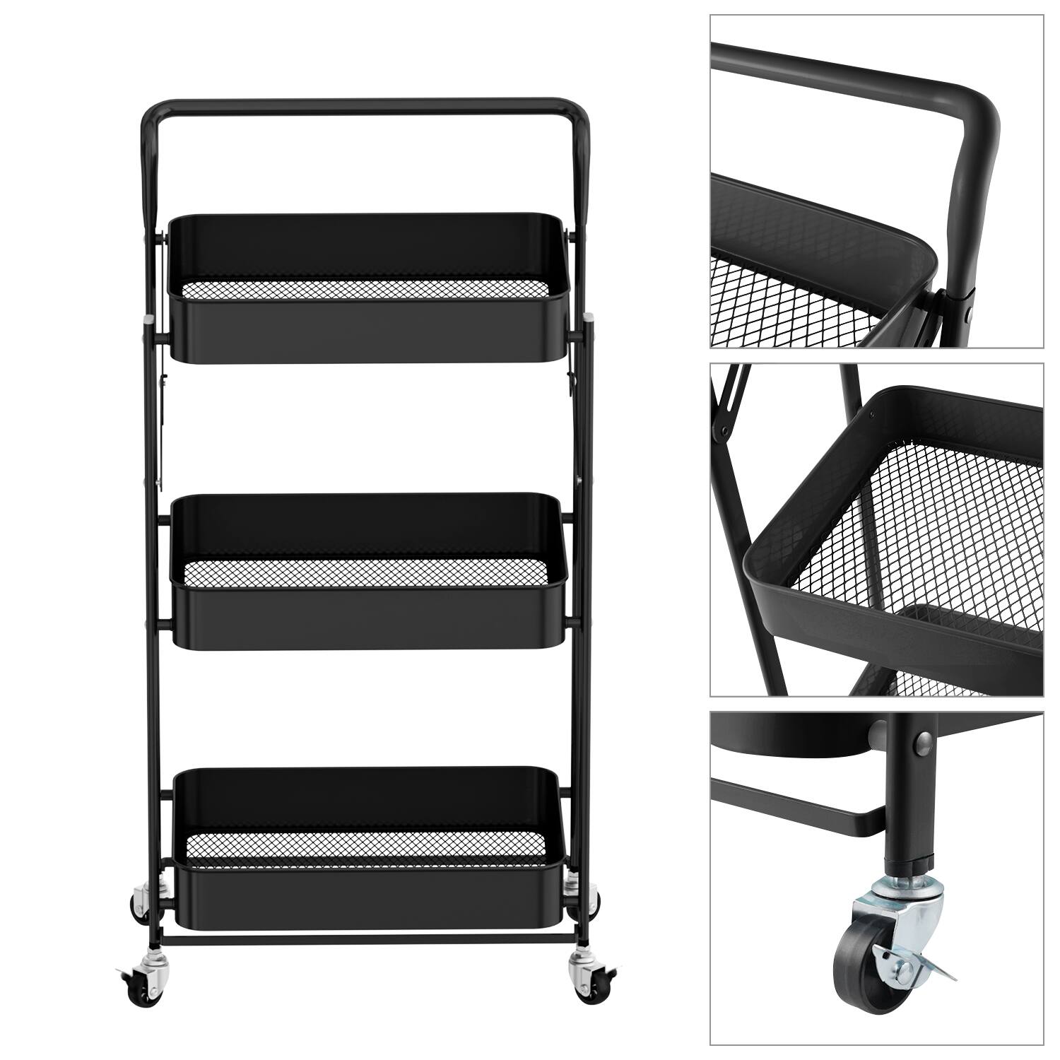 Alt View 1. Malletson - 3-Tier Foldable Rolling Cart, Storage Rack with Handle Multi-Purpose and Locking Wheels for Office, Kitchen, Bathroom - BLACK.