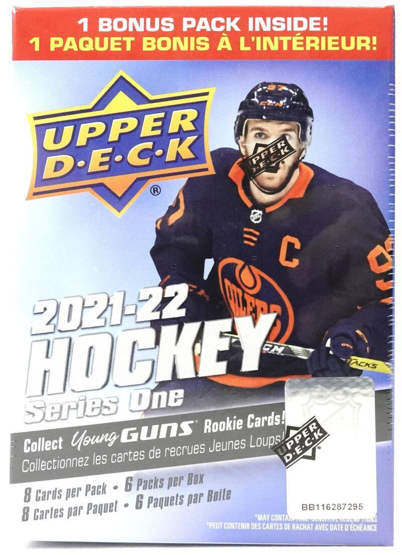 1 BONUS PACK INSIDE!  
1 PAQUET BONIS À L'INTÉRIEUR!  

UPPER DECK  

2021-22 HOCKEY  
Series One  

Collect Young Guns Rookie Cards!  
Collectionnez les cartes de recrues Jeunes Loups!  

8 Cards per Pack • 6 Packs per Box  
8 Cartes par Paquet • 6 Paquets par Boîte  

BB116287295  

*May Contain Redemption Cards with Expiration Dates  
*Peut contenir des cartes de rachat avec date d'échéance