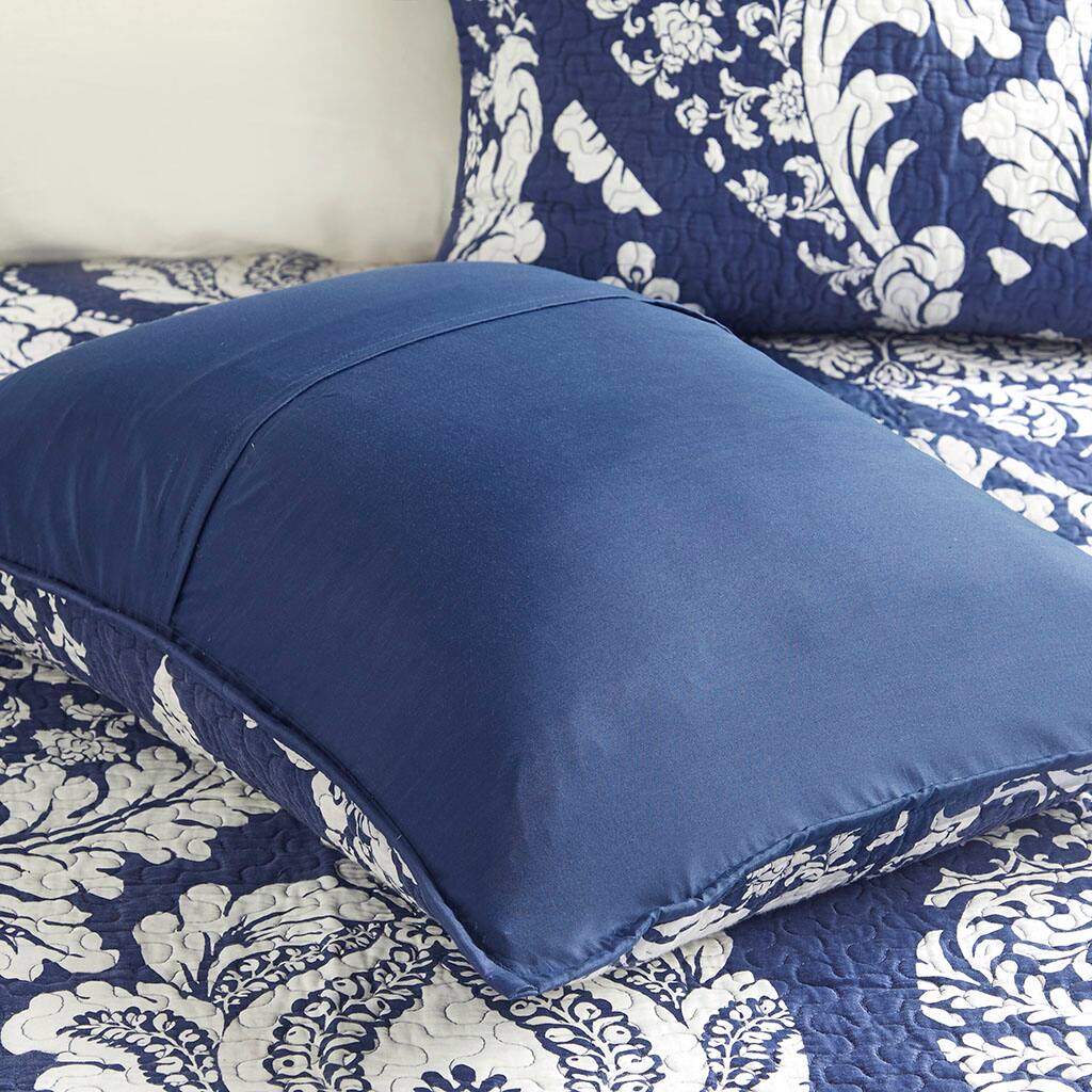 Alt View 3. Gracie Mills - Gracie Mills Muriel 6 Piece Damask Printed Cotton Quilt Set with Throw Pillows - Indigo.