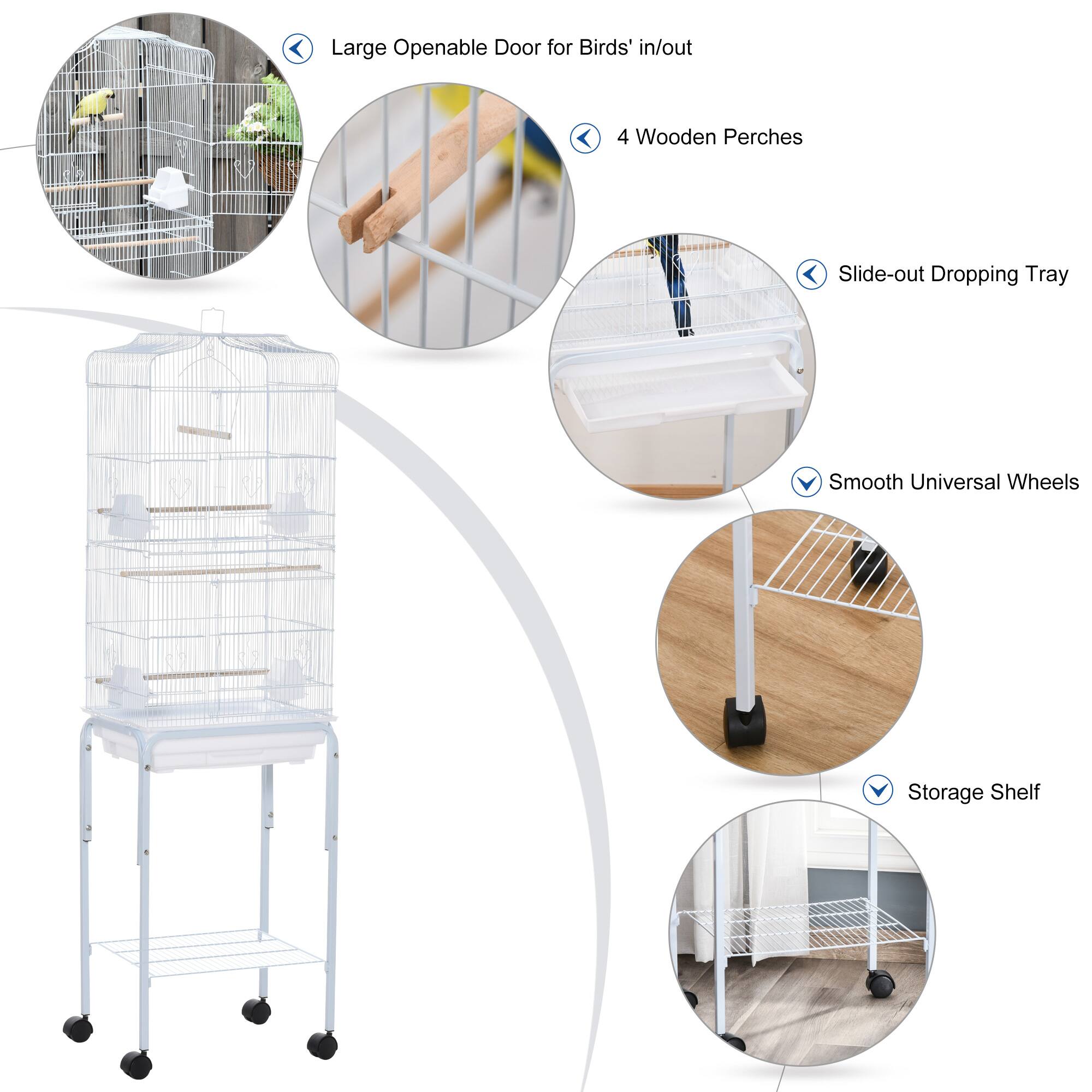 - Large Openable Door for Birds' in/out
- 4 Wooden Perches
- Slide-out Dropping Tray
- Smooth Universal Wheels
- Storage Shelf