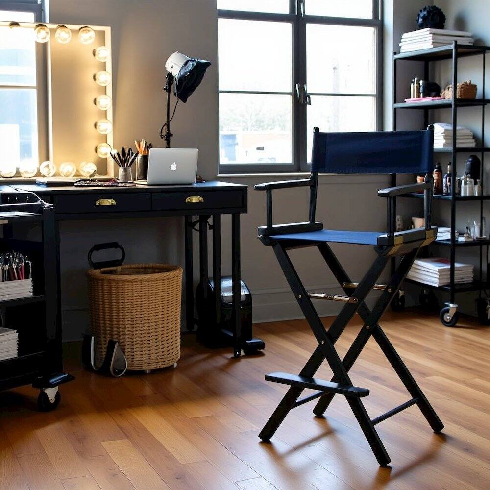 Alt View 3. FurniFact - Navy Blue Canvas Director Chair with Solid Wood Frame - Black Frame/Navy Canvas.