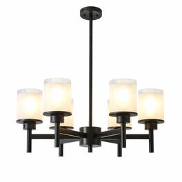 RYHNUYNE - 6-Light Frosted Glass Farmhouse Chandelier with Adjustable Hanging Rods, Black Metal Industrial Pendant Light