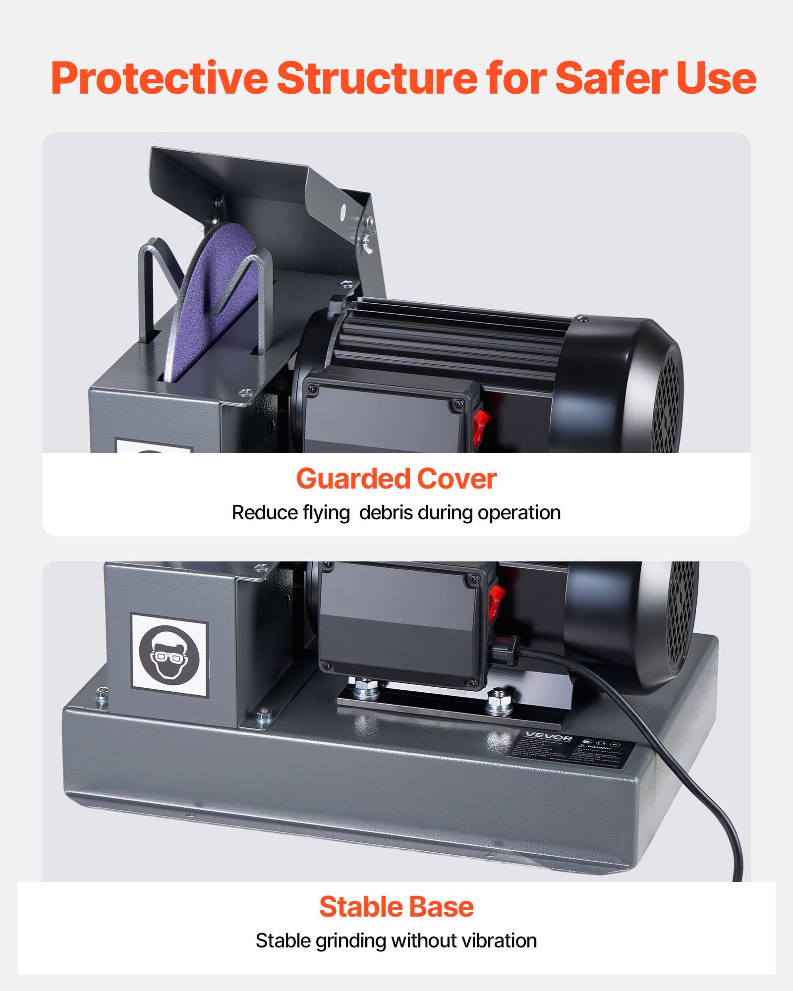 Protective Structure for Safer Use

Guarded Cover
Reduce flying debris during operation

Stable Base
Stable grinding without vibration